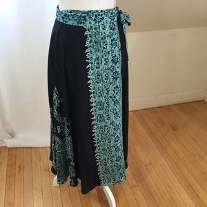 wrap full 100% silk navy print midi length skirt